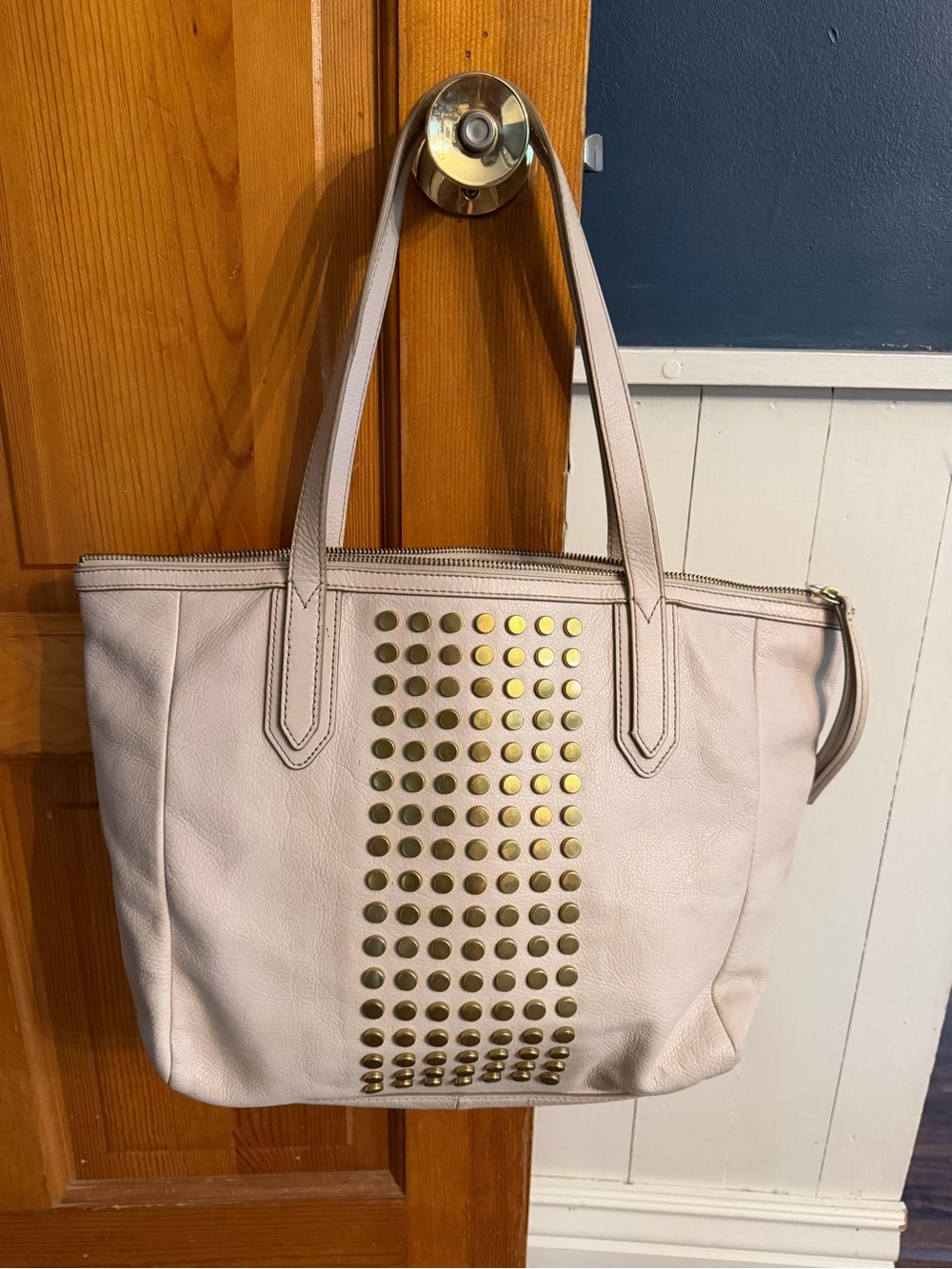 Fossil Women's Pebbled Leather Tote with Gold Stud Detail - Cream